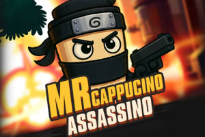 Postać w czarnym stroju ninja z pistoletem na tle wybuchu, z napisem MR Cappucino Assassino