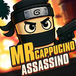 Postać w czarnym stroju ninja z pistoletem na tle wybuchu, z napisem MR Cappucino Assassino