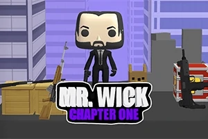 Postać w stylu figurki funko pop z brodą i garniturem stoi na tle miejskiego krajobrazu z wysokimi budynkami, z tekstem MR