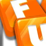 Pomarańczowe, błyszczące kafelki z białymi literami F, U i N