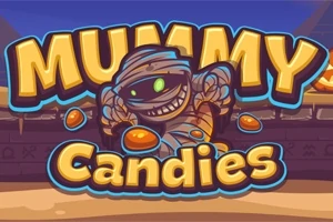 Mumia z zielonymi oczami i szerokim uśmiechem otoczona cukierkami z napisem Mummy Candies na tle egipskiej scenerii