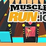 Widok kolorowej gry z perspektywą z góry, prezentujący postać biegającą przez tor przeszkód z napisem Muscle Run