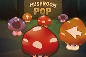Kolorowe grzybki z twarzami i symbolami na kapeluszach na tle lasu z napisem Mushroom Pop