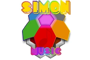 Kolorowe napisy SIMON i MUSIC w towarzystwie wielokolorowego sześciokąta z różnobarwnymi panelami
