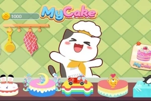 Uśmiechnięty kot w kucharskim czepku z ciastami na blacie, z kolorowym tłem i logo My Cake