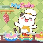 Uśmiechnięty kot w kucharskim czepku z ciastami na blacie, z kolorowym tłem i logo My Cake