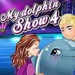 Kobieta i mężczyzna przytulający się do delfina na tle kolorowych świateł i budynków