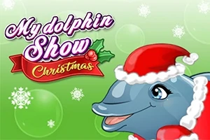 Delfin w czapce świętego Mikołaja na tle zielonym z płatkami śniegu
