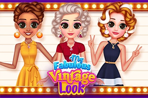 Trzy animowane kobiety ubrane w stylowe, kolorowe sukienki w stylu vintage na jasnym tle z napisem My Fabulous Vintage Look