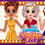 Trzy animowane kobiety ubrane w stylowe, kolorowe sukienki w stylu vintage na jasnym tle z napisem My Fabulous Vintage Look