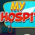 Kolorowe logo z napisem My Hospital z elementami medycznymi, takimi jak stetoskop, termometr i bandaż