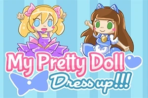 Dwie uśmiechnięte lalki w sukienkach, jedna blond w różowej, druga brunetka w niebieskiej, na tle w pionowe paski z napisem My Pretty Doll Dress up