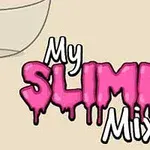 Napis My Slime Mixer z efektem różowego kleju na jasnym tle z elementami miski i opakowania