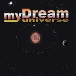Logo myDream universe na tle kosmosu z planetami i orbitami