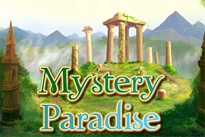 Starożytne ruiny na zielonym wzgórzu z górskim krajobrazem w tle oraz napis Mystery Paradise