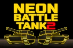 Żółty napis NEON BATTLE TANK 2 nad dwoma neonowymi konturami czołgów na czarnym tle