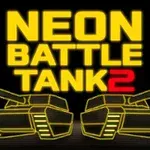Żółty napis NEON BATTLE TANK 2 nad dwoma neonowymi konturami czołgów na czarnym tle