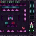 Pikselowa grafika z neonowymi kolorami, przedstawiająca labirynt z kolorowymi czołgami i ozdobioną choinką z boku