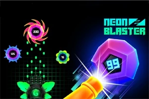 Kolorowe, neonowe elementy z numerycznymi wartościami na czarnym tle z widocznym napisem Neon Blaster