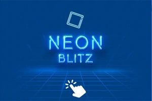 Neonowy napis NEON BLITZ na niebieskim tle z symbolem kliknięcia ręką