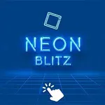 Neonowy napis NEON BLITZ na niebieskim tle z symbolem kliknięcia ręką