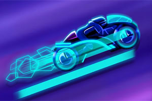 Futurystyczny, neonowy motocykl pędzący po świetlistej trasie na fioletowym tle