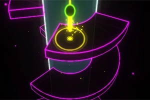 Jaskrawa spiralna struktura z fioletowymi krawędziami i neonowymi elementami centralnymi na czarnym tle