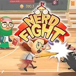 Postacie w komiksowym stylu biją się w szkole na sali gimnastycznej, z dużym napisem Nerd Fight nad nimi