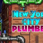 Kolorowy napis New York City Plumber na tle ceglanej ściany z elementami rur wodociągowych