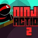 Czarny ninja z czerwoną opaską na głowie i napis Ninja Action 2 na tle abstrakcyjnego krajobrazu