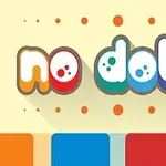 Kolorowy napis „no dots” na beżowym tle z pomarańczowymi kropkami