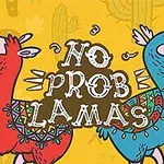 Dwie kolorowe lamy, czerwona i niebieska, z napisem No Prob Lamas na żółtym tle z kaktusami w tle