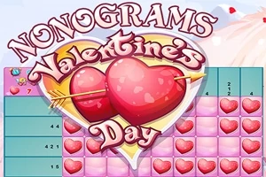 Dwa serca przebite strzałą na tle matrycy z serduszkami i napisami Nonograms Valentines Day