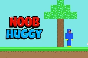 Kolorowy napis NOOB HUGGY obok pikselowej postaci stojącej pod drzewem na tle prostokątnego krajobrazu