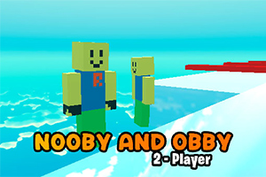 Dwie kanciaste postacie w kolorowych ubraniach stojące na jasnoniebieskiej platformie z napisem NOOBY AND OBBY 2-Player