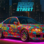 Samochód sportowy z kolorowym graffiti na karoserii, stojący na tle nocnego miasta z neonowymi światłami