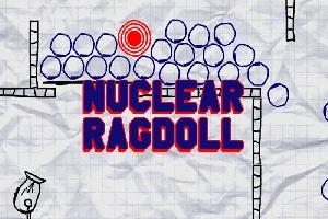 Rysunek przedstawiający niebieskie kulki, czerwony cel, działko po lewej stronie oraz tytuł NUCLEAR RAGDOLL na pogniecionej kartce papieru