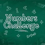 Napis Numbers Challenge na zielonej tablicy otoczonej symbolami matematycznymi i rysunkami