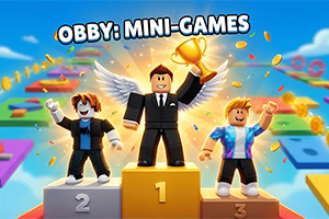 Trzy postacie w stylu kreskówkowym stoją na podium 1–3, środkowa w garniturze trzyma złoty puchar, w tle kolorowe platformy i konfetti oraz napis „OBBY: MINI-GAMES
