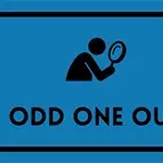 Czarna ikona osoby z lupą na niebieskim tle z napisem ODD ONE OUT