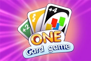 One Card Game Trzy karty z kolorowymi symbolami na fioletowym tle z napisem ONE Card game