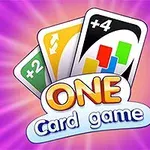 One Card Game Trzy karty z kolorowymi symbolami na fioletowym tle z napisem ONE Card game