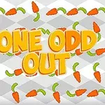 Pomarańczowy napis ONE ODD OUT na tle wzoru z marchewkami i ich zielonymi łodygami na szarej kratce