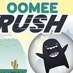 Słodkie, czarne stwory na tle gór i chmur, z napisem OOMEE RUSH u góry