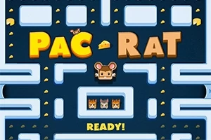Plansza z labiryntem w stylu retro z napisem Pac-Rat i rysunkiem myszy na środku