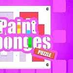 Na fioletowym tle widoczny jest napis Paint Sponges Puzzle z kolorowymi elementami w środku