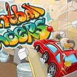 Kolorowy napis graffiti i czerwony samochód na kuchennym blacie z porozrzucanymi kostkami lodu i serem