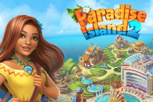 Paradise Island 2 Kobieta z długimi brązowymi włosami uśmiecha się na tle kolorowej wyspy z budynkami, basenami i błękitnym niebem