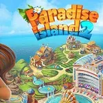 Paradise Island 2 Kobieta z długimi brązowymi włosami uśmiecha się na tle kolorowej wyspy z budynkami, basenami i błękitnym niebem