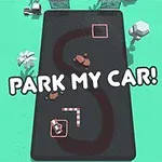 Widok z góry na małe brązowe samochody na czarnej drodze w kształcie litery S z napisem Park My Car!